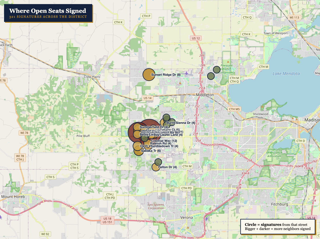Map of MCPASD streets where neighbors have signed the Open Seats petition